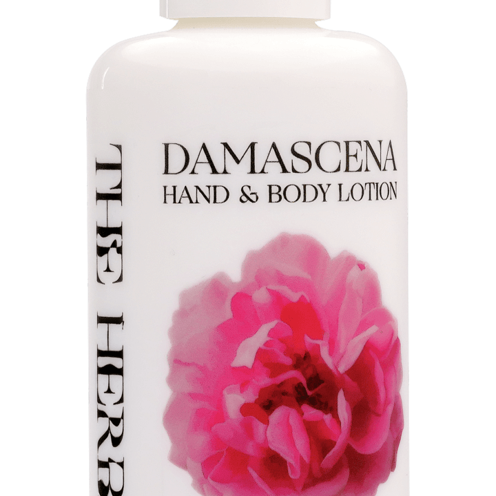 A bottle of damascena hand and body lotion
